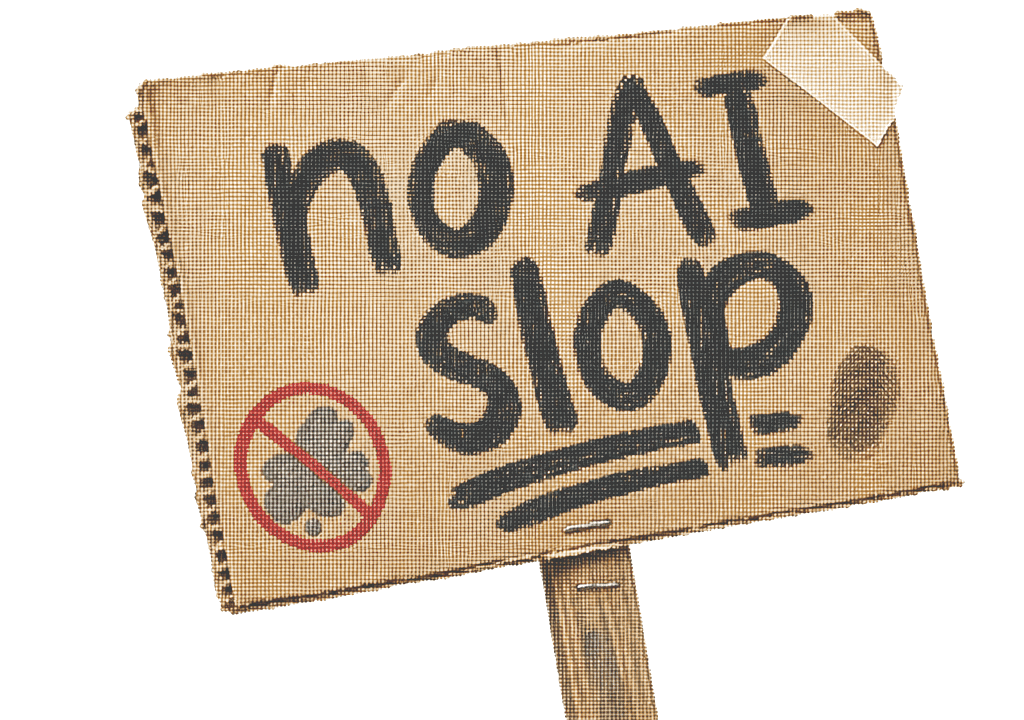 A hand-lettered cardboard sign reading 'no AI slop', with a crossed-out symbol