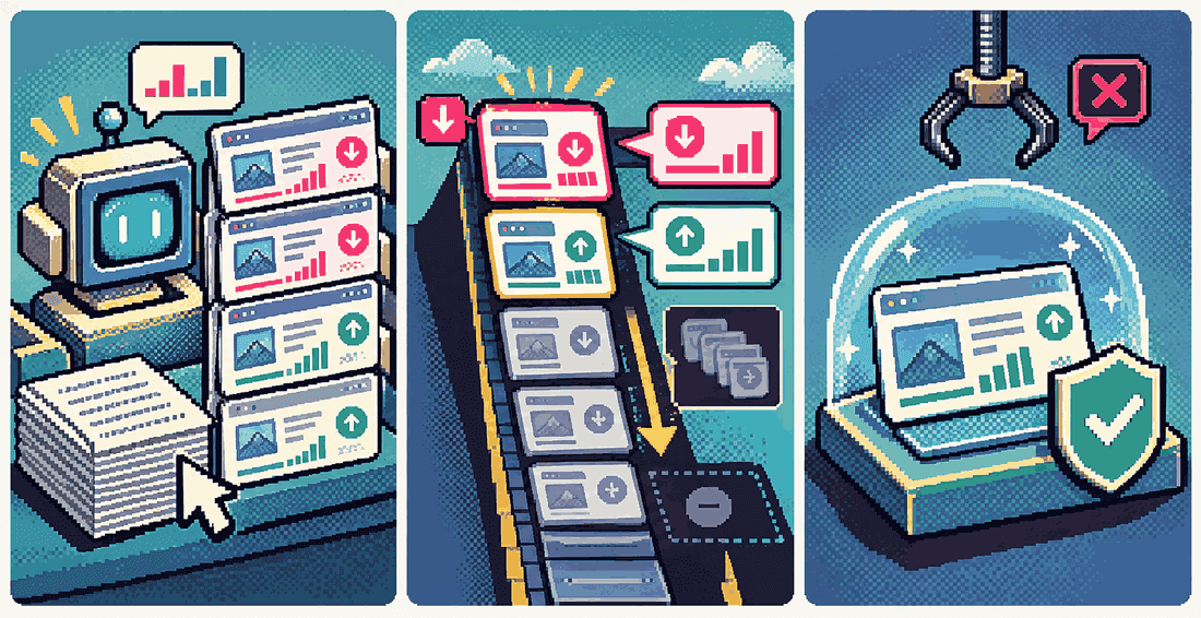 Three panels: a bot ranking blog pages by traffic lost and gained, a queue with the losing page first and near misses next, and a well-performing page protected under a glass dome from a grabbing claw.