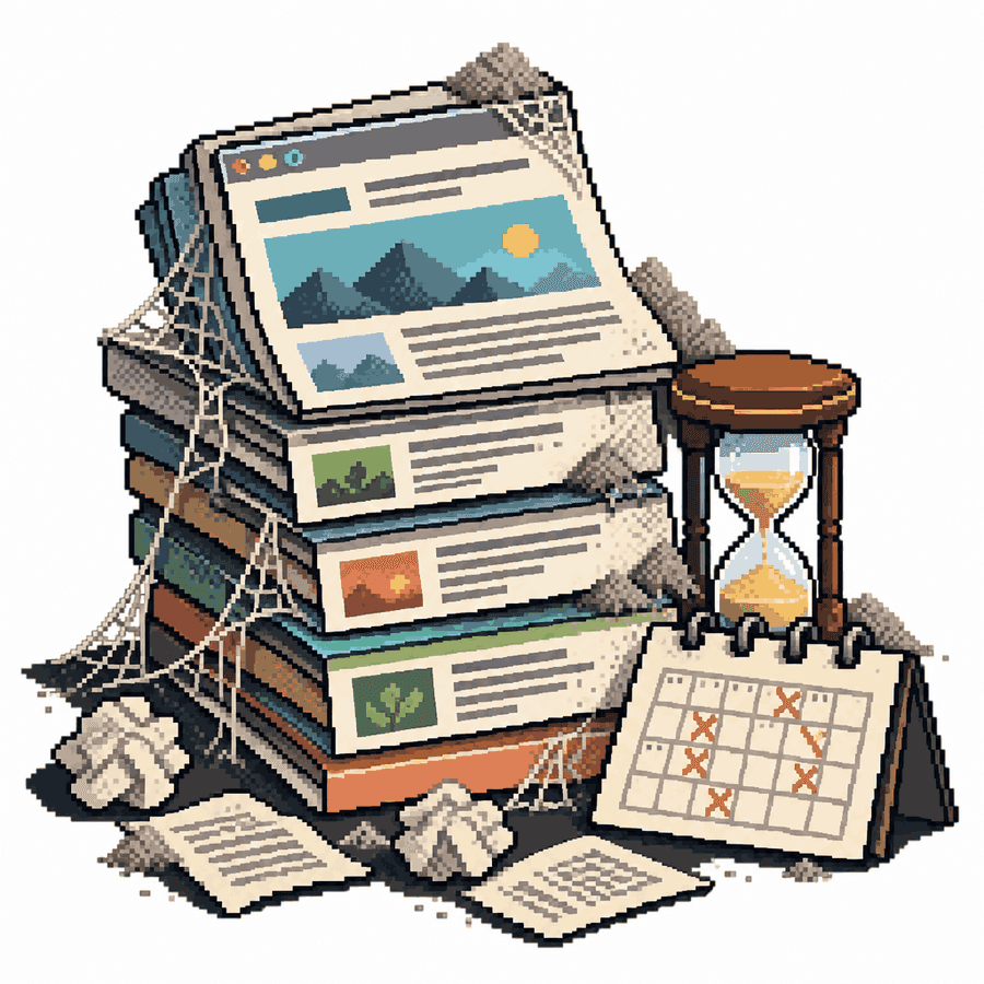 A stack of old blog posts gathering cobwebs beside an hourglass and a calendar of missed dates.