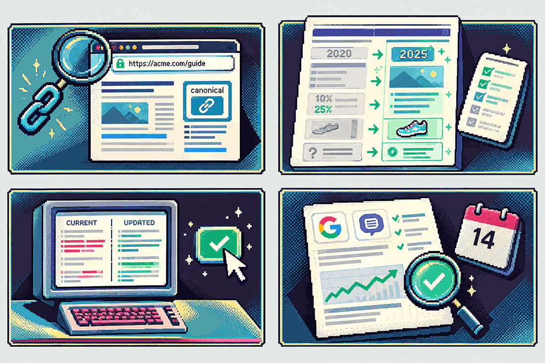 Four panels: the same URL and canonical tag kept, a 2020 statistic and old example updated to 2025, a current-versus-updated diff approved with one click, and a Google and ChatGPT check 14 days later.