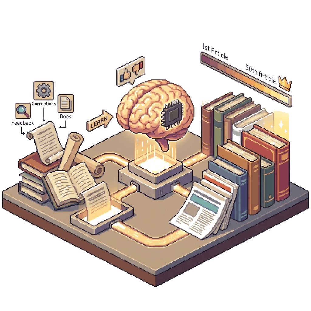 Brain with chip learning from feedback, corrections, and docs — 1st to 50th article progression