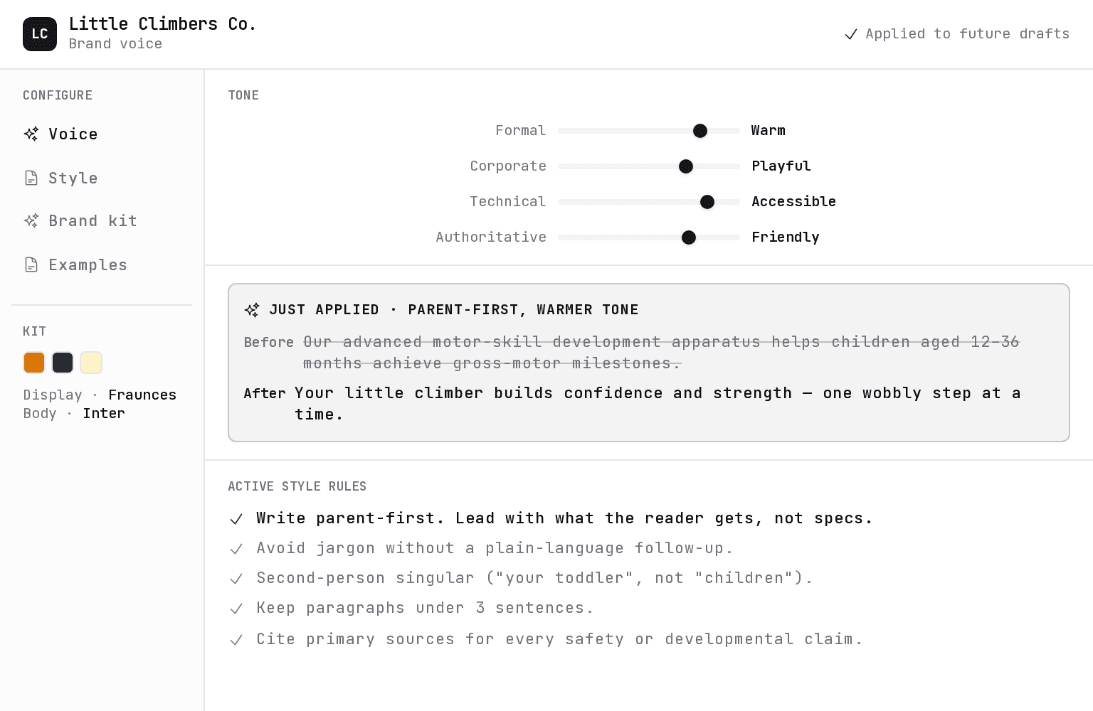 Feedback saved as active style rules in ACME.BOT, marked as applied to future drafts
