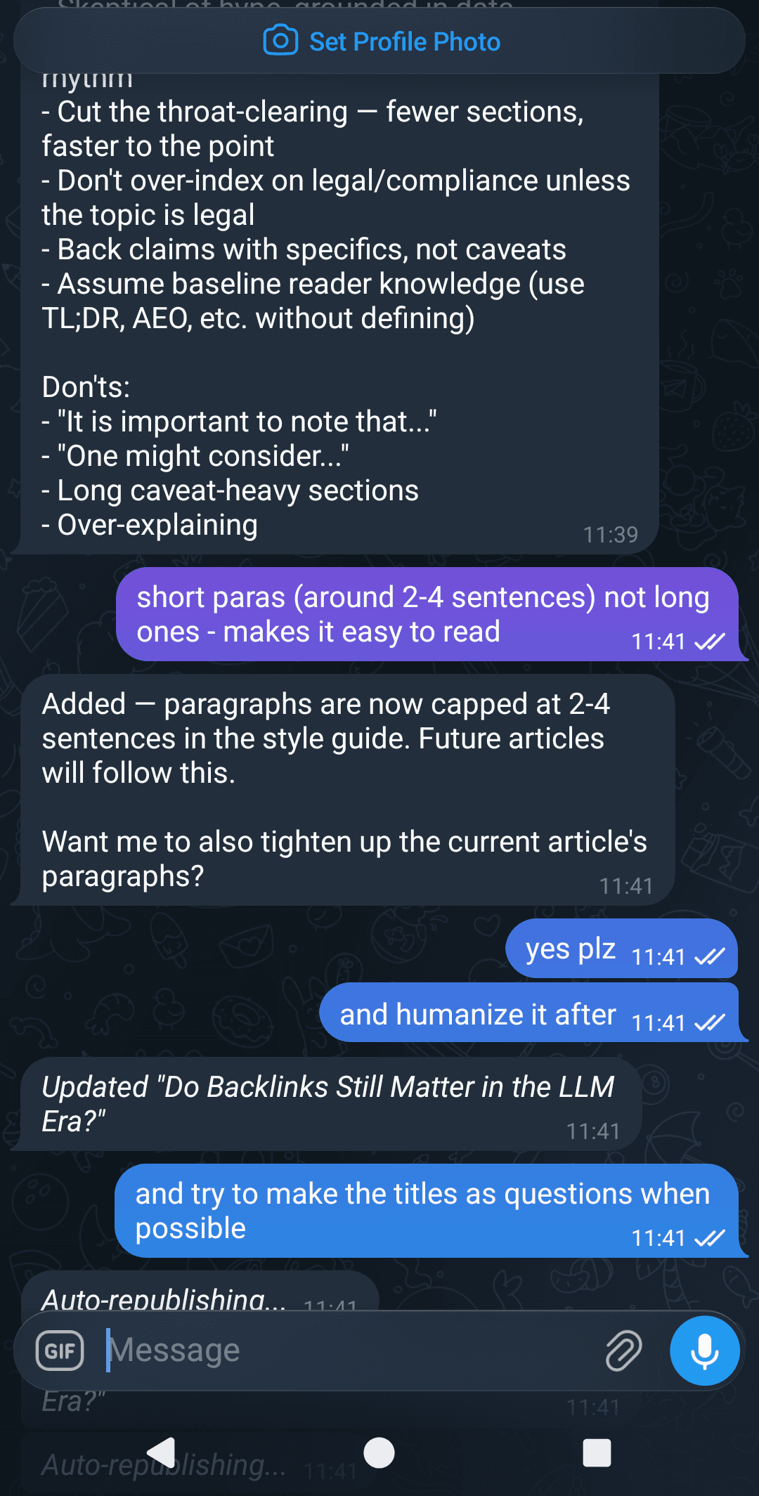 Telegram thread: reviewing a draft — shorter paragraphs, humanize, titles as questions