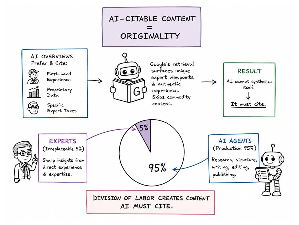 An explainer diagram drawn by ACME.BOT for an article, combining a labelled flow across three panels with a pie chart, in a hand-drawn style